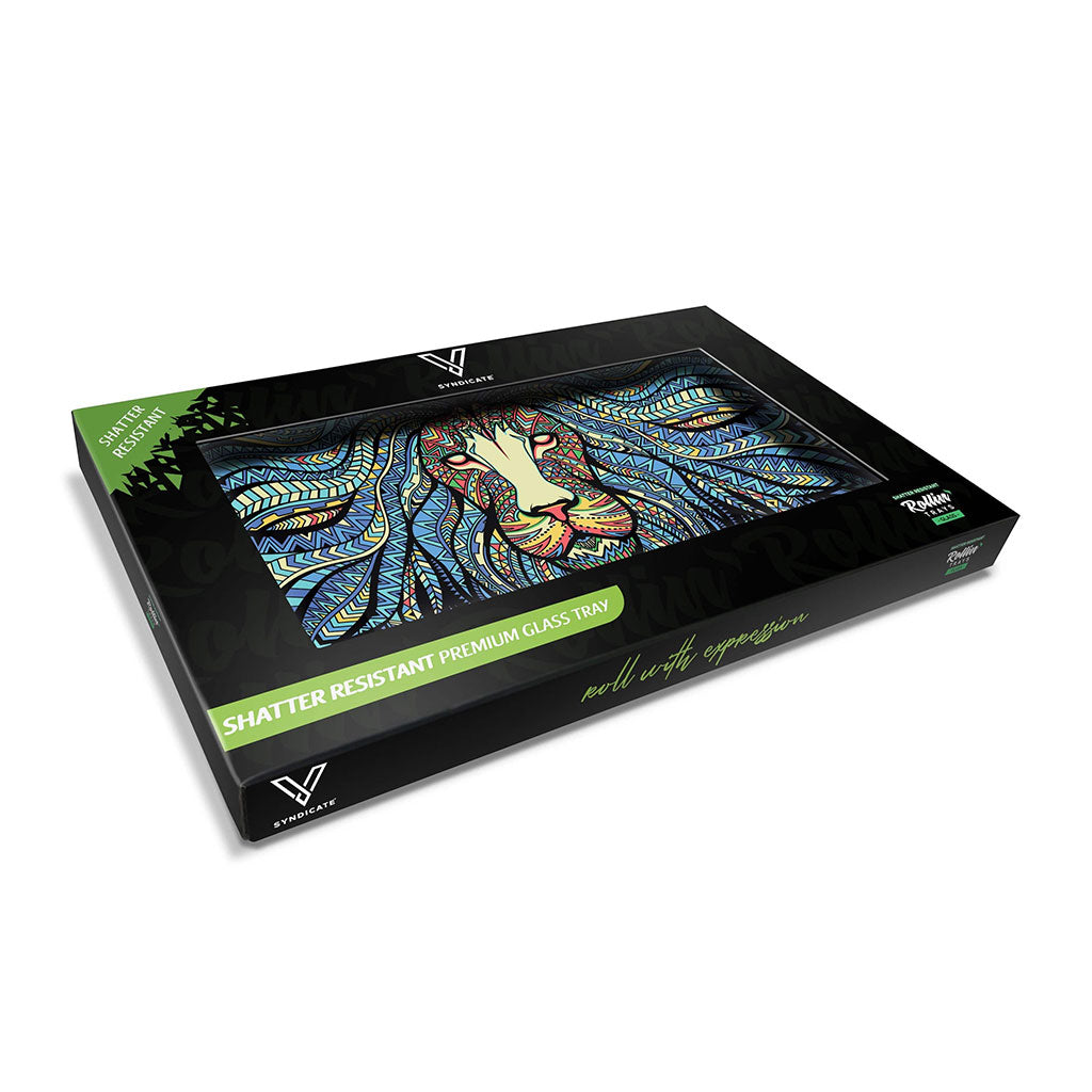 tribal lion glass rolling tray in gift box — shatter resistant, ready to ship — buy now  Image 2 – top view