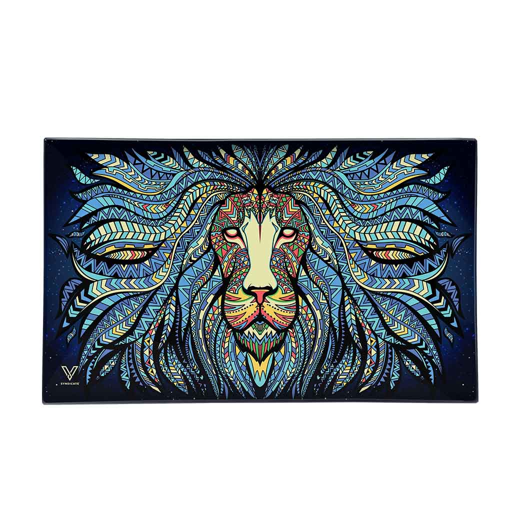 top view of tribal lion glass rolling tray — smooth surface — fast shipping from honeybee herb