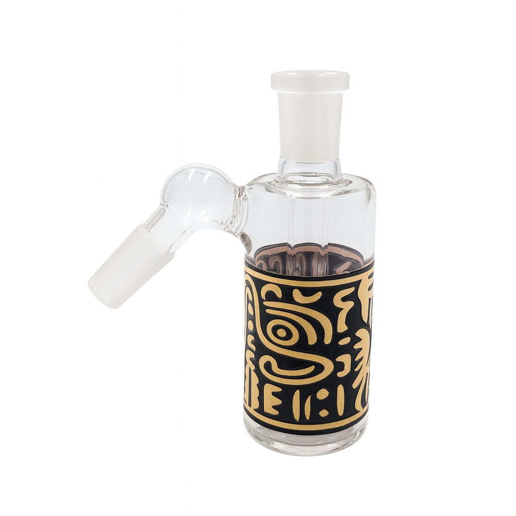 Black & Gold Tribal Print Ash Catcher with Showerhead Perc – 14mm male joint, 45° angle, available at Honeybee Herb for clean filtered hits