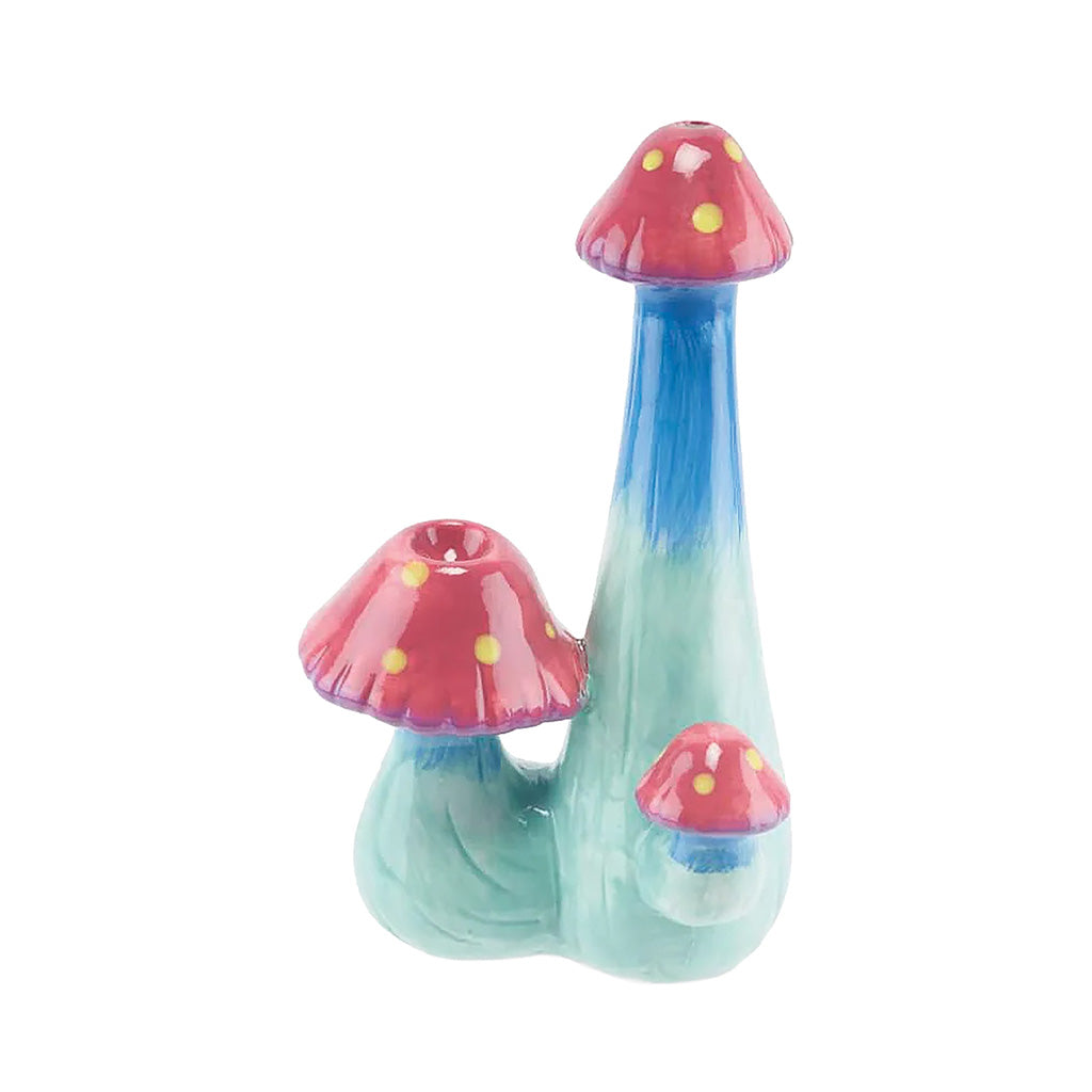 Triple Mushroom hand pipe with three ceramic mushroom figures, colorful cap tops, shared bowl base, side carb hole, and glossy finish