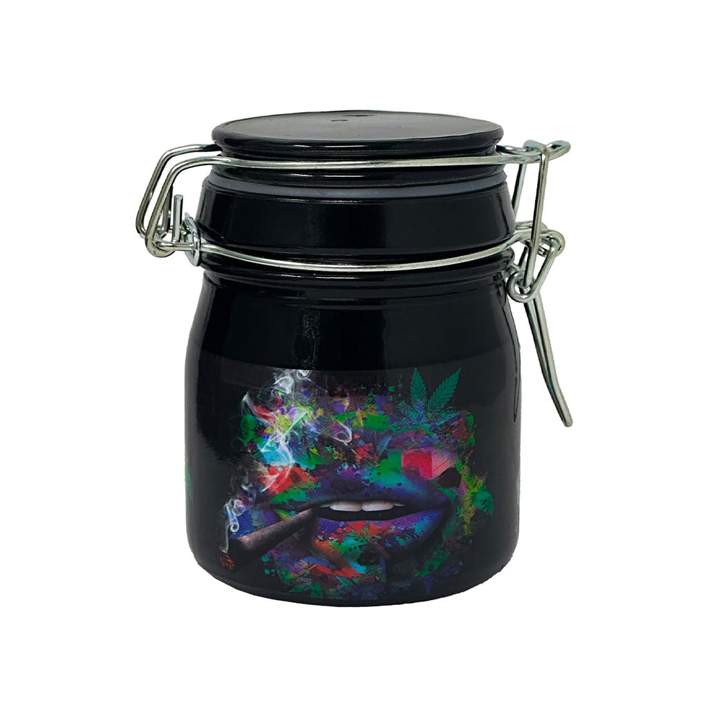 Front View Of Ted Miller Innovations 3.5 Inch Trippy Lips Clamping Lid Storage Jar Featuring Vibrant Lip Design 