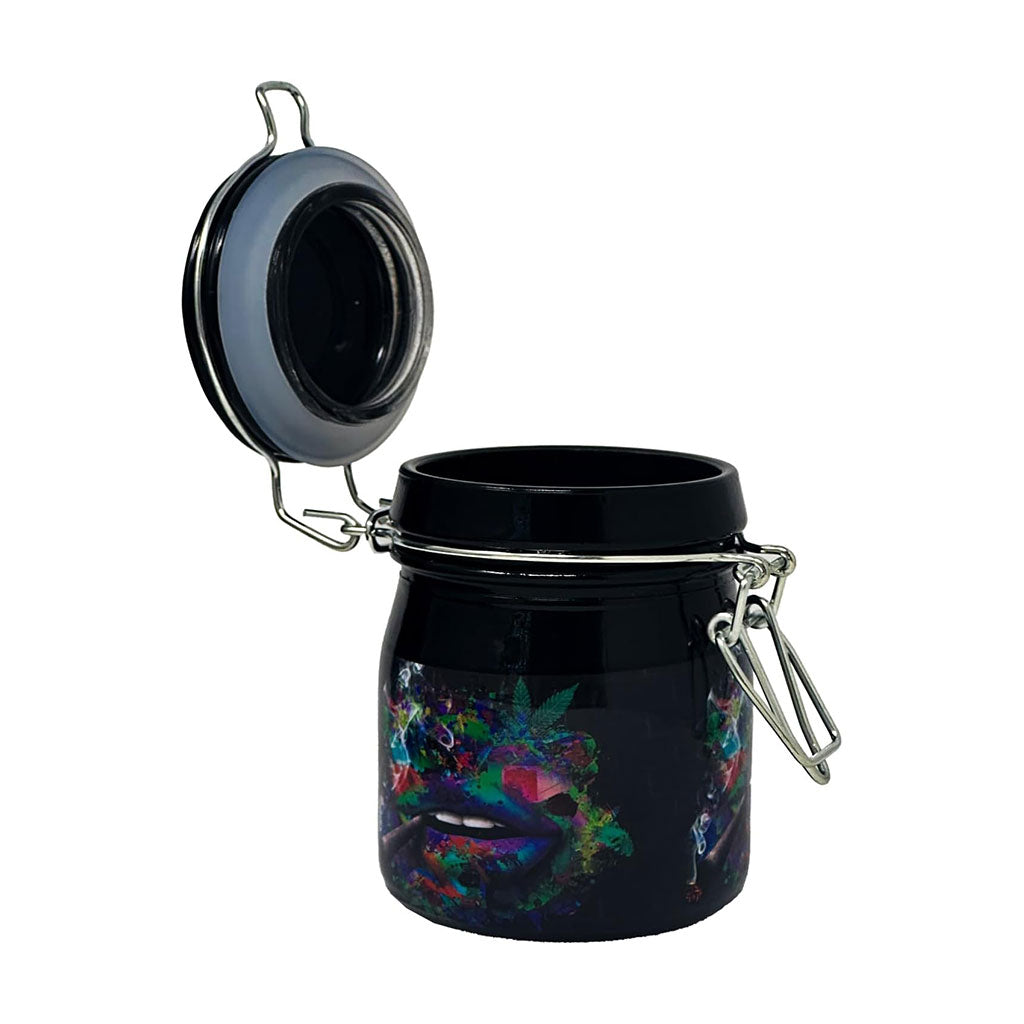 3.5-Inch Trippy Lips Clamping Lid Storage Jar Open View