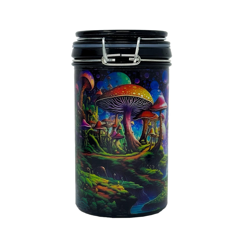 Front View Of 6-Inch Trippy Mushroom Storage Jar Featuring Vivid Psychedelic Mushroom Artwork And Airtight Latch Lid