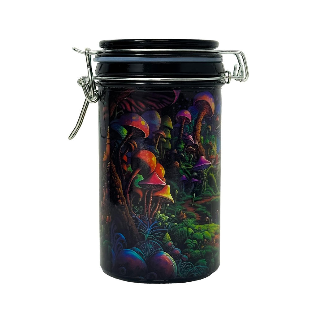 Side View Of 6-Inch Ted Miller Innovations Psychedelic Mushroom Jar With Detailed Forest Art & Airtight Metal Closure 