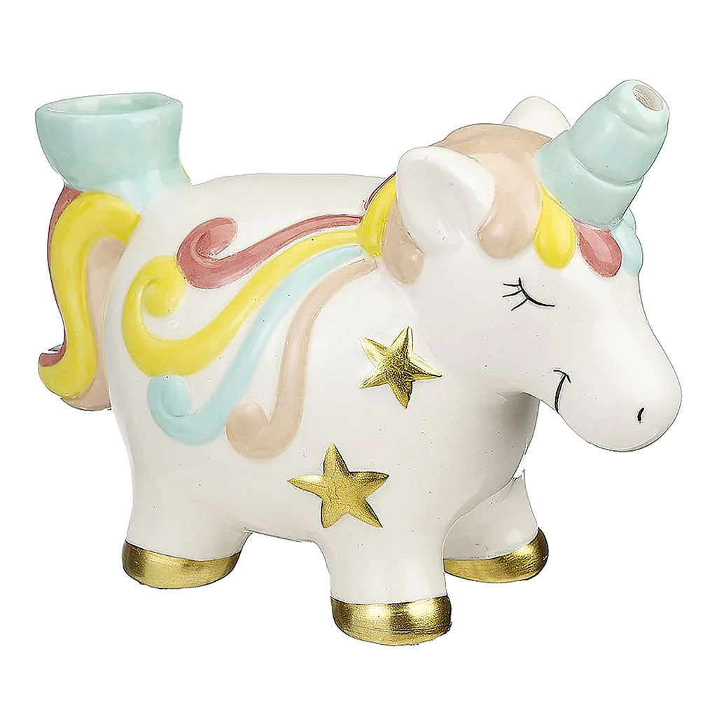 Unicorn hand pipe with pastel rainbow body, golden horn detail, carved mane, side bowl, carb hole, and glossy ceramic finish