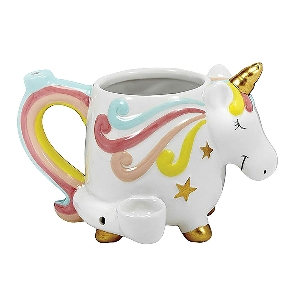 Unicorn Premium Roast and Toast pipe mug with pastel rainbow colors, golden horn detail, curved handle, and built-in front bowl