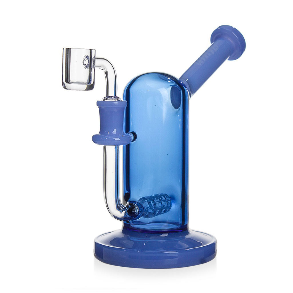 Blue Upright Capsule Dab Rig with inline perc and quartz banger attachment 