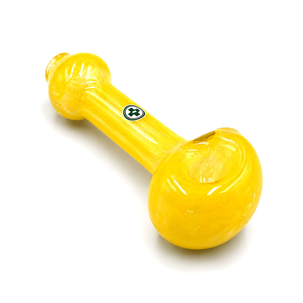 Yellow USA Made Glassworks frit handpipe, 4-inch spoon pipe in a simple product view.