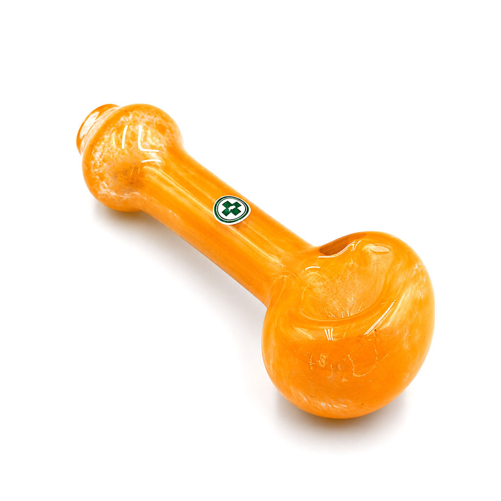 Orange frit spoon pipe by USA Made Glassworks, 4 inches long.