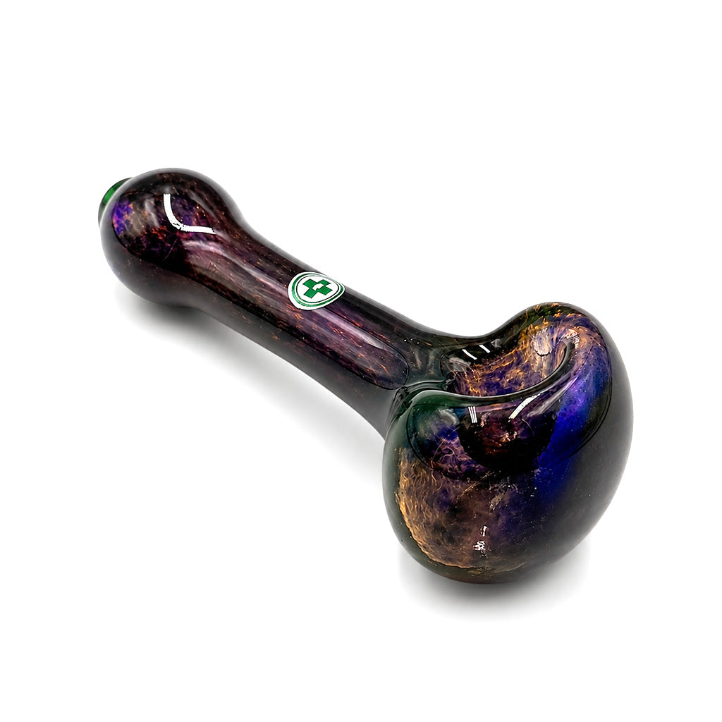 Transparent purple frit hand pipe by USA Made Glassworks, approximately 4 inches long.