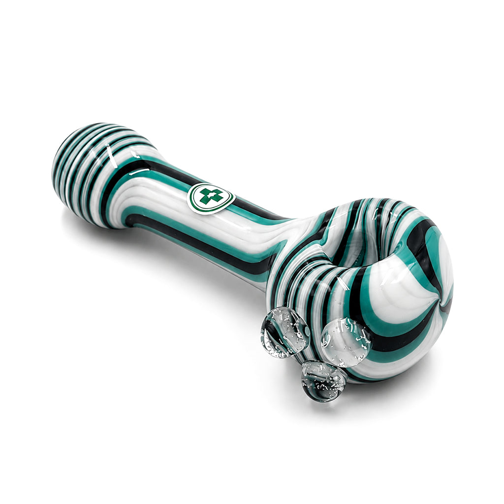 USA Made Glassworks Linework Handpipe in Tuxedo Teal, 4-inch spoon pipe.