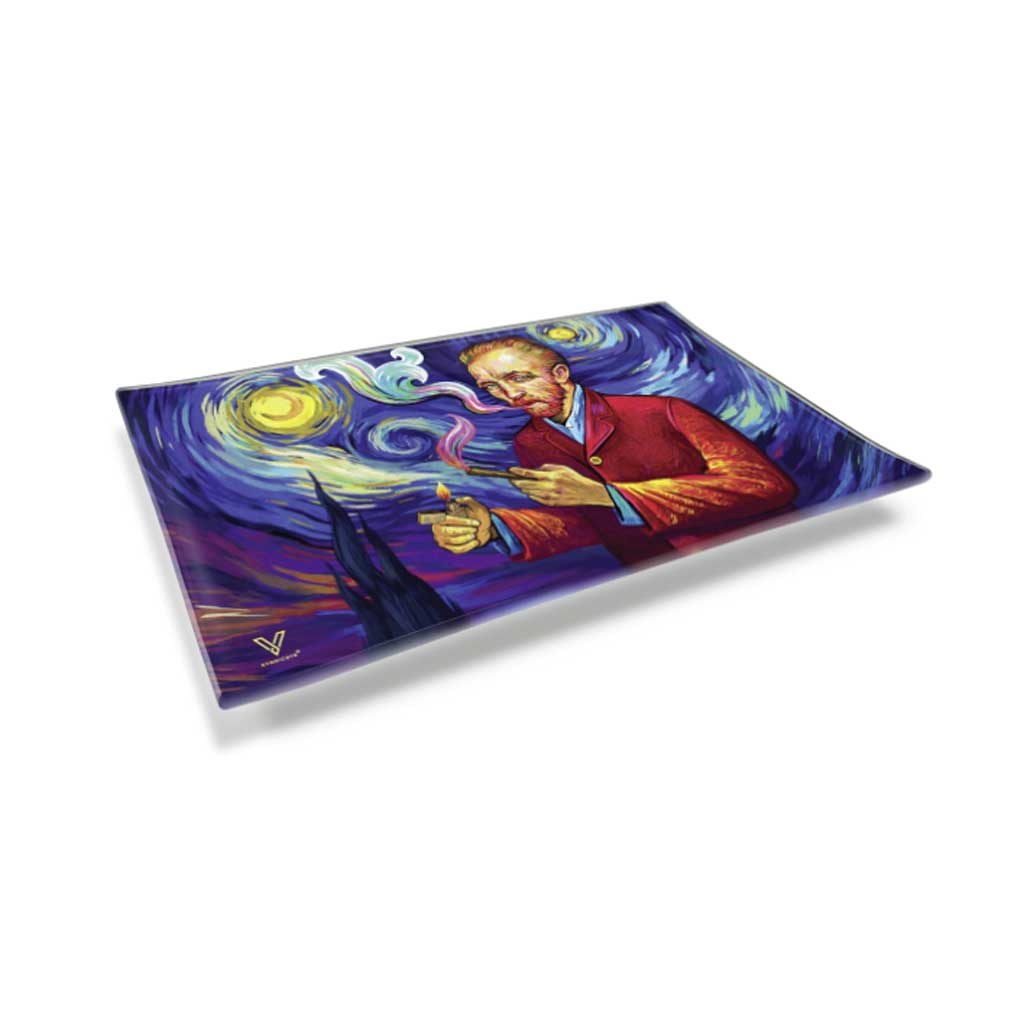 angled van gogh glass rolling tray with raised edges — in stock, fast shipping