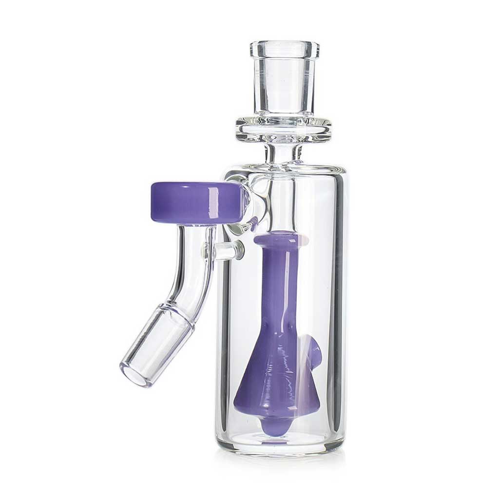 Angled view of Purple Vented Bell Perc Ash Catcher – Shop Now at Honeybee Herb