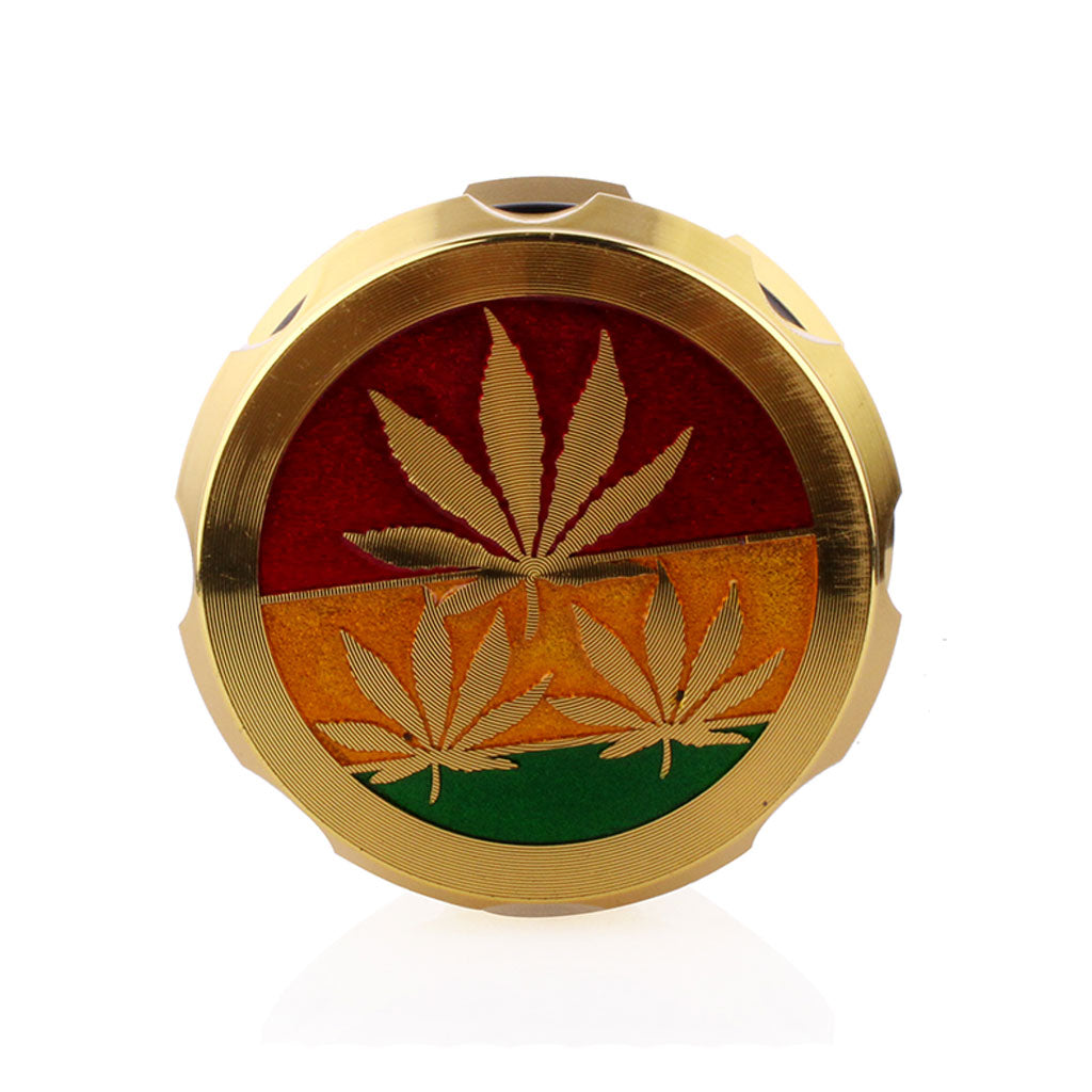 Top view of embossed rasta red gold green lid featuring 3 gold cannabis leaves 