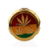 Top view of embossed rasta red gold green lid featuring 3 gold cannabis leaves 