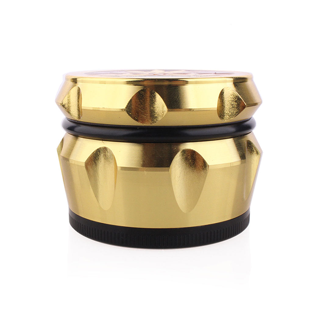 Side profile of gold aluminum herb grinder with faceted grip and black mid ring assembled