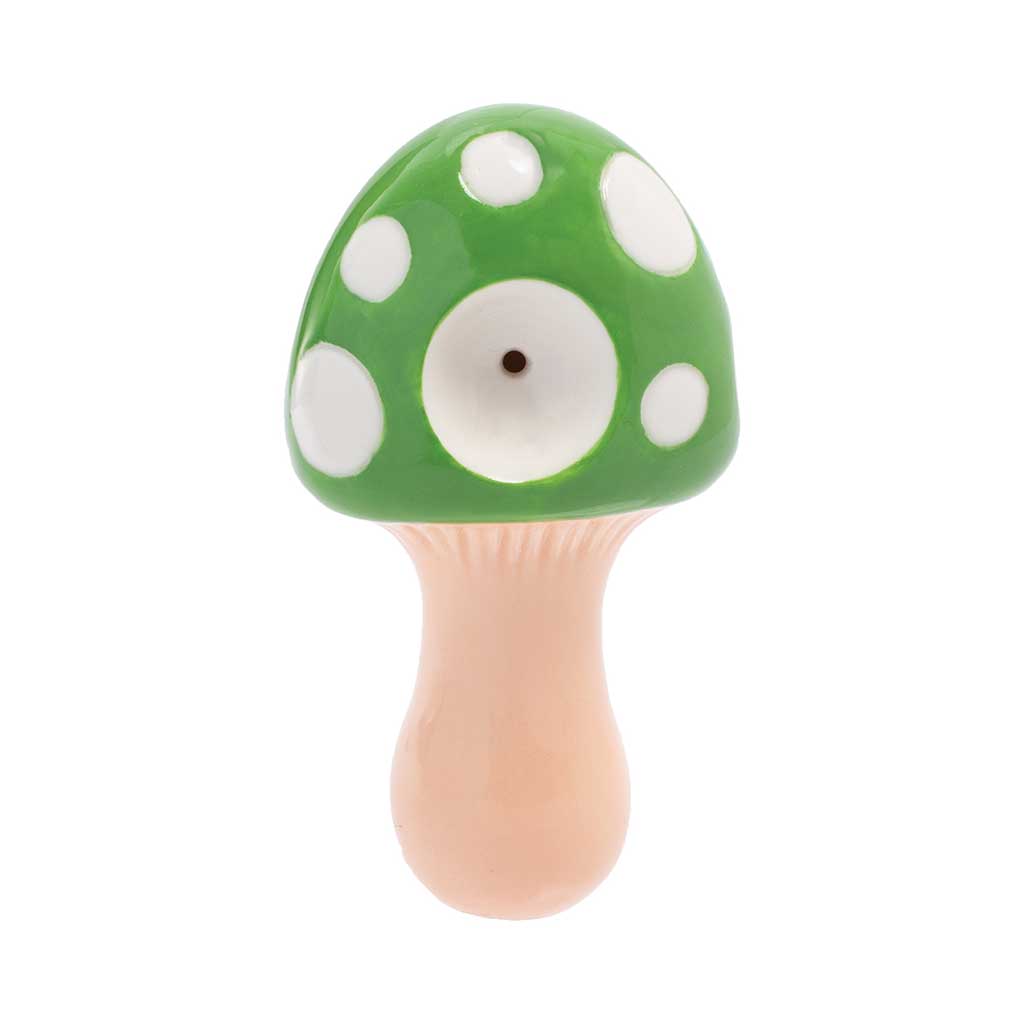 Angled shot of Wacky Bowlz green mushroom ceramic smoking pipe 