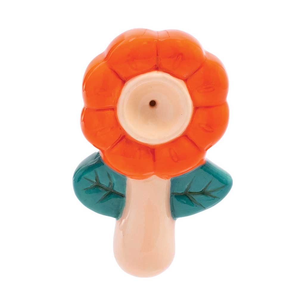 Wacky Bowlz Orange Flower Ceramic Pipe in retail packaging 