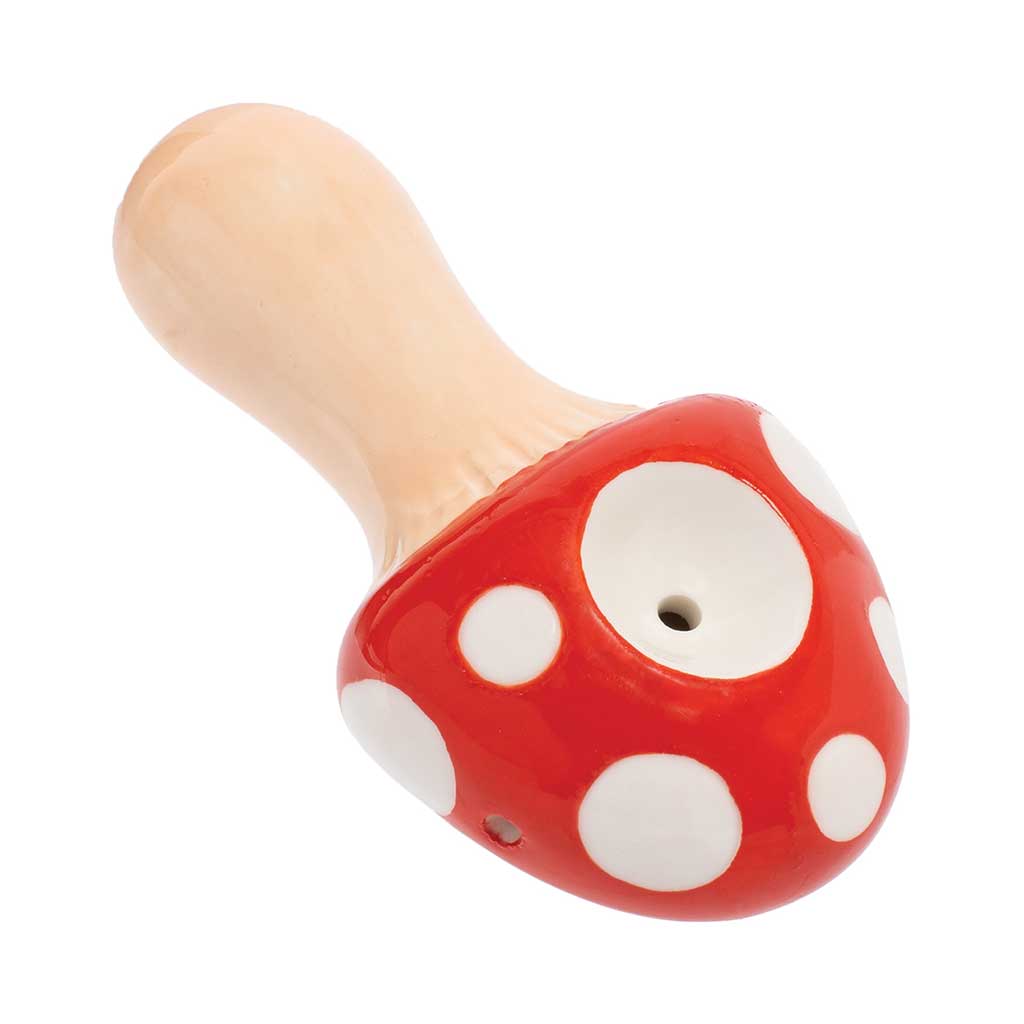 Side view of red mushroom ceramic pipe by Wacky Bowlz, perfect for smoking sessions