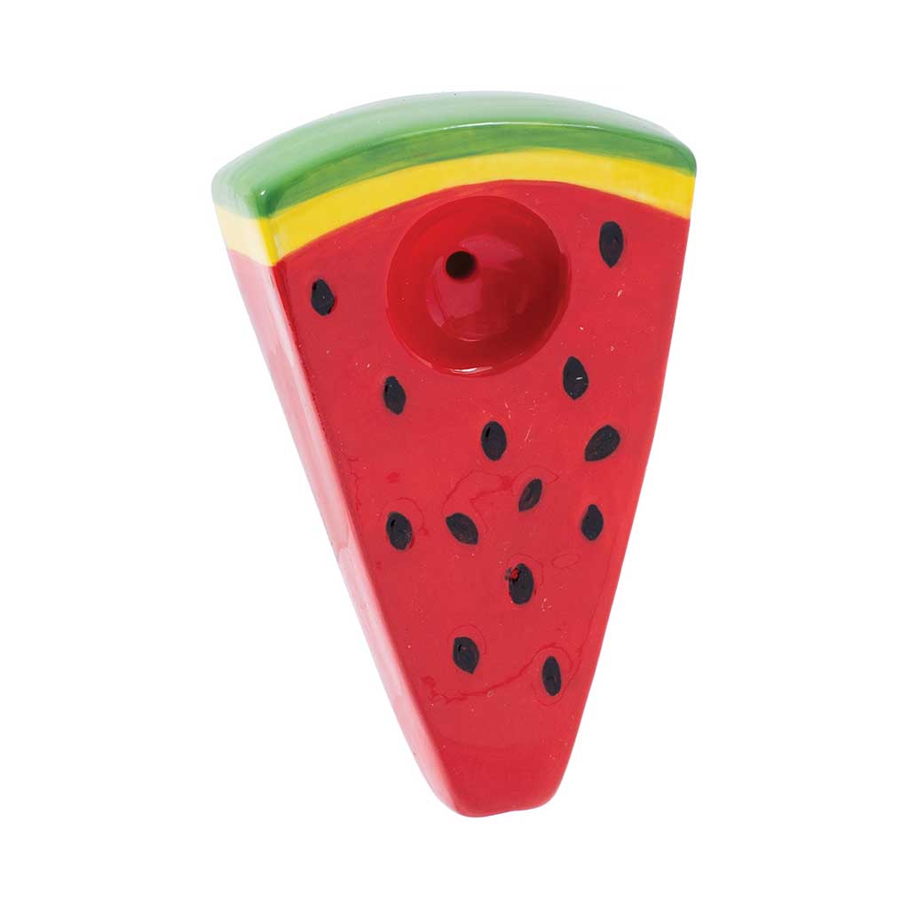 Buy watermelon slice fruit ceramic hand pipe, front view with top bowl and carb—order online at Honeybee Herb. 
