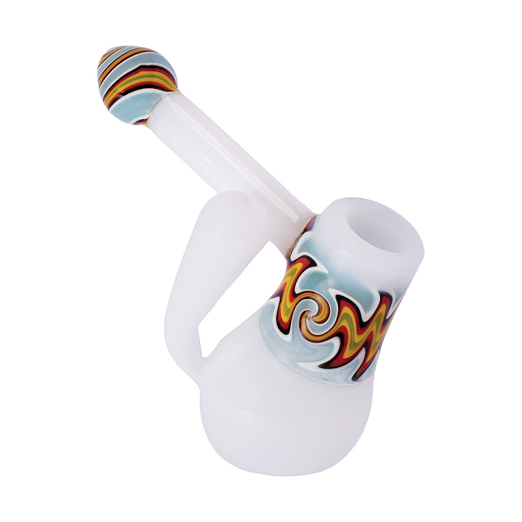 white glass bubbler featuring colorful wig wag swirl, durable handcrafted glass pipe for smooth hits, buy online at honeybee herb