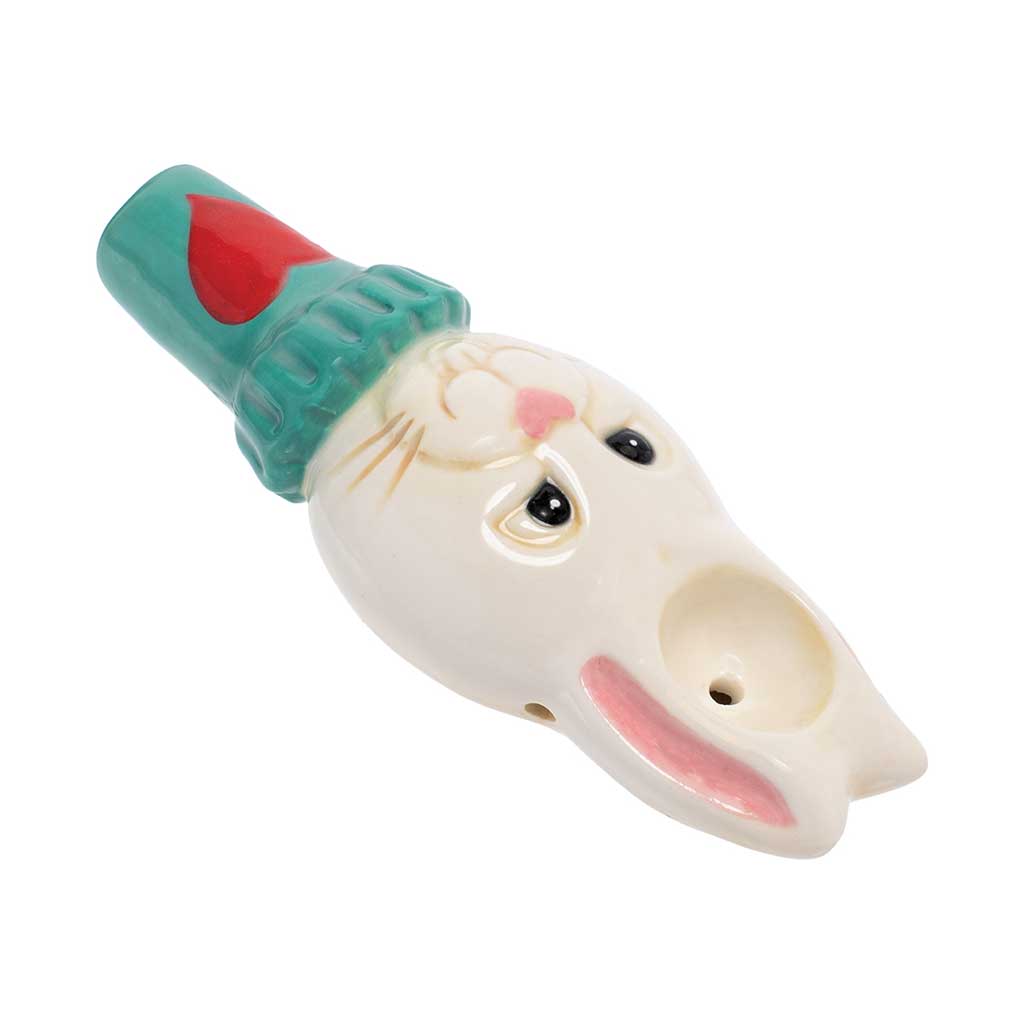 White Rabbit ceramic pipe angled view showing carb; add to cart for quick delivery.