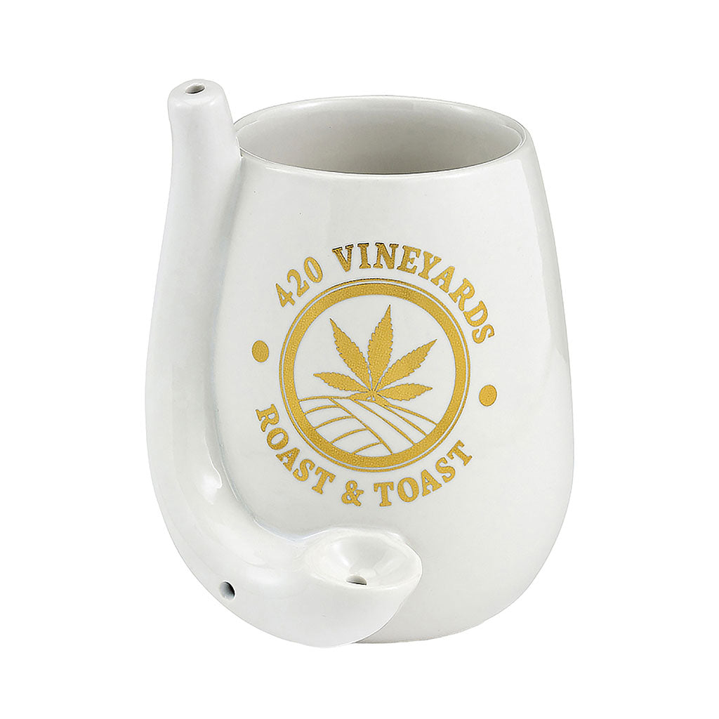 White stemless wine glass pipe with gold 420 Vineyards Roast and Toast logo, cannabis leaf design, side pipe, and built-in bowl