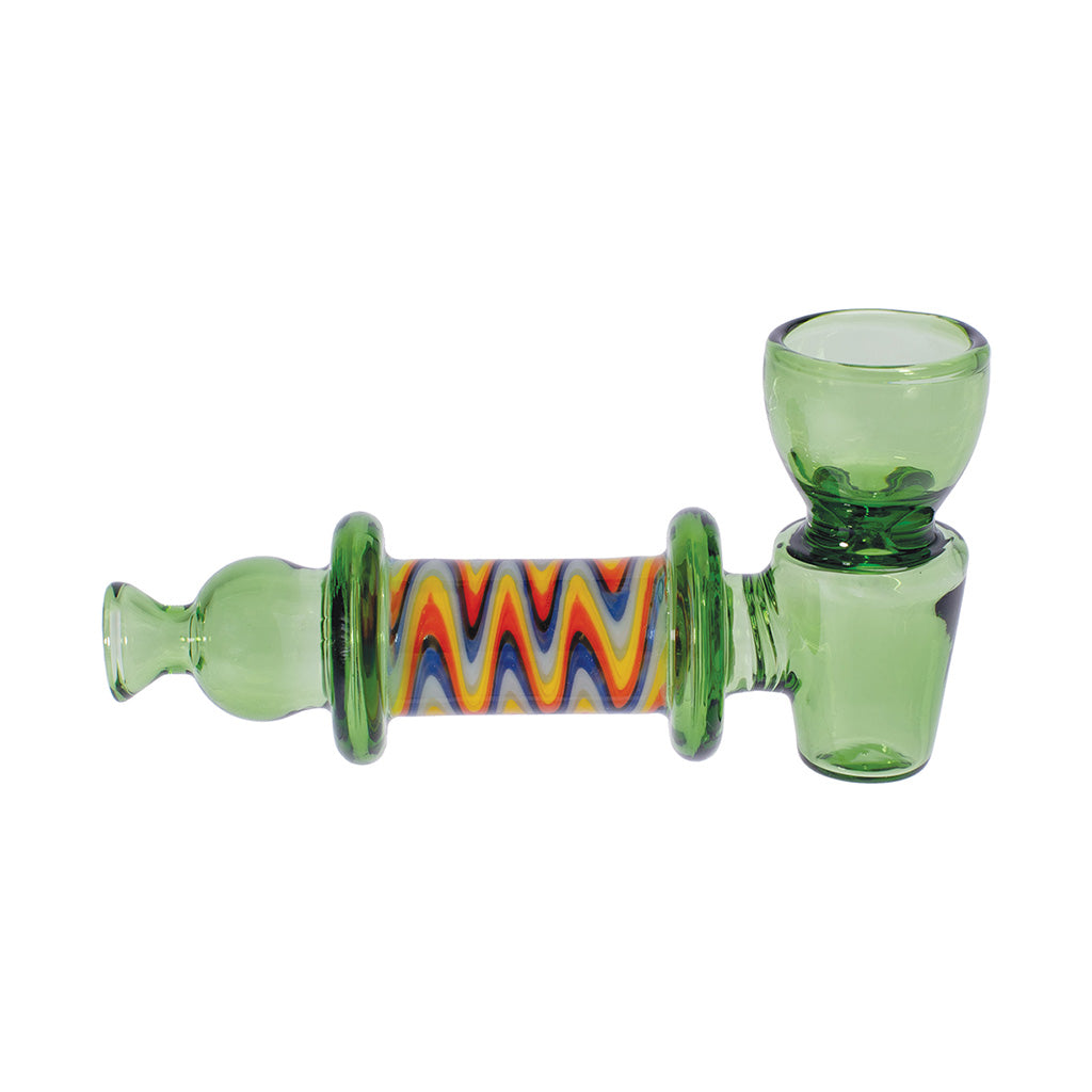 Wide Bowl Wig Wag Hand Pipe in green skulls design, durable glass smoking accessory