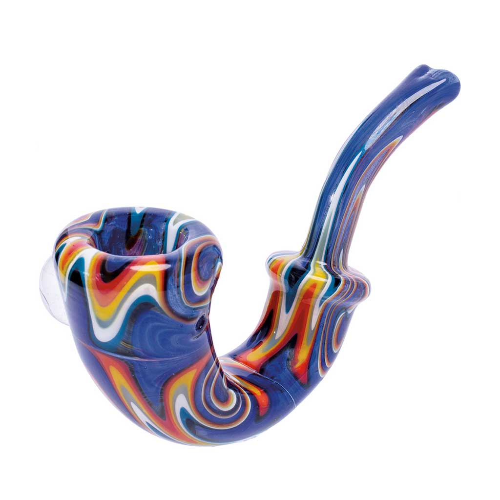 buy the blue wig wag sherlock glass pipe, left-profile view—dugout compatible, fast shipping from honeybee herb