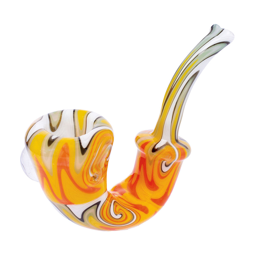 buy yellow wig wag sherlock glass pipe—left-profile view, dugout ready with fast shipping
