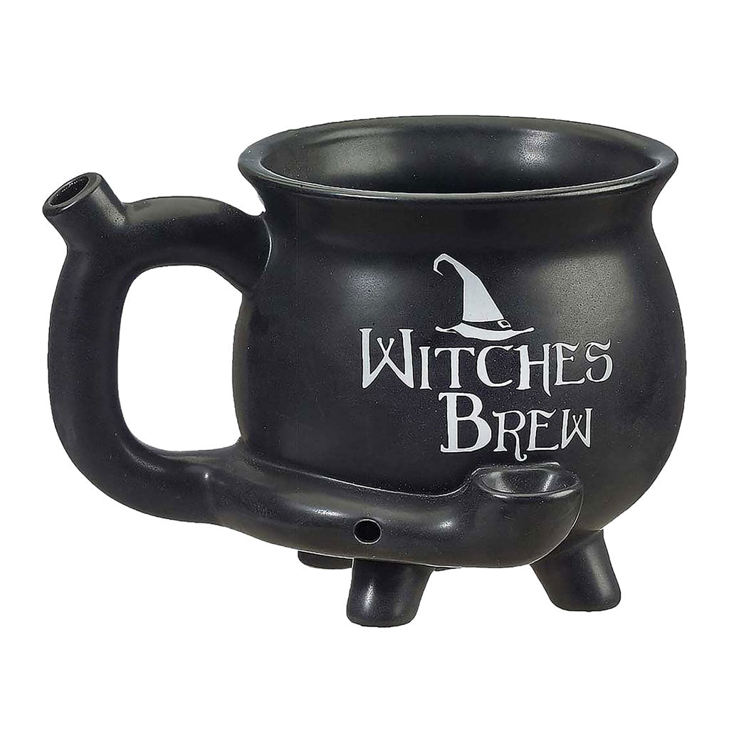 Witches Brew Cauldron Premium Roast and Toast pipe mug with black cauldron body, white witch hat artwork, built-in front bowl, side carb hole, and curved handle