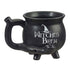 Witches Brew Cauldron Premium Roast and Toast pipe mug with black cauldron body, white witch hat artwork, built-in front bowl, side carb hole, and curved handle