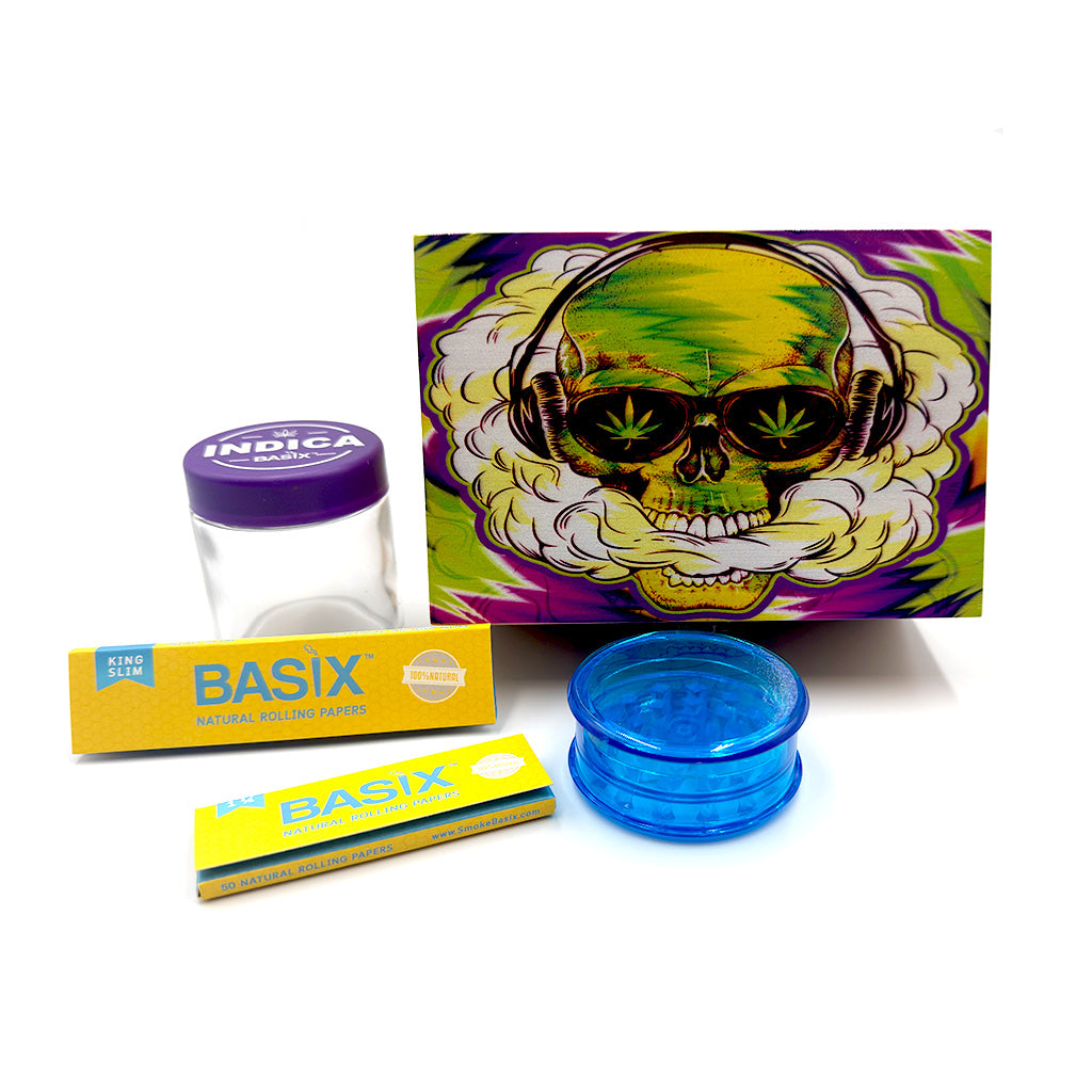 Buy wooden stash box smoking kit with grinder, jar, and rolling papers for a complete smoking setup, available now at Honeybee Herb.