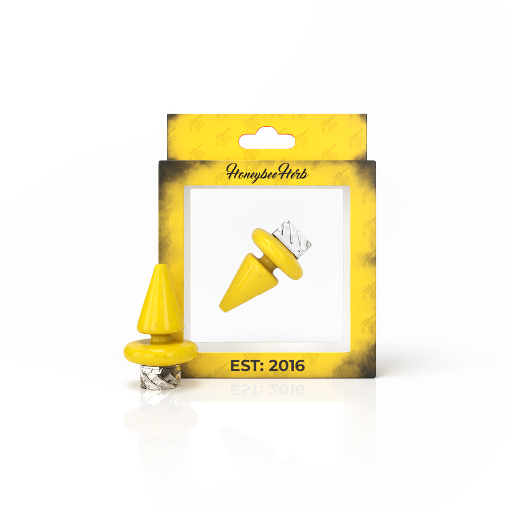 Yellow Glass Triangle Airflow Spinner Carb Cap Wit Packaging View