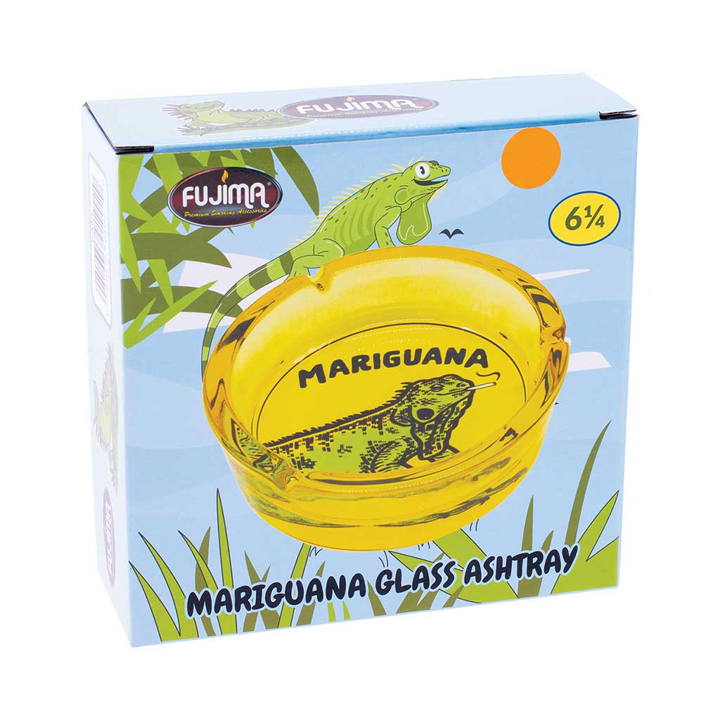Yellow Mariguana Glass Ashtray packaging box, premium glass ashtray with bold iguana design, available online at Honeybee Herb. 