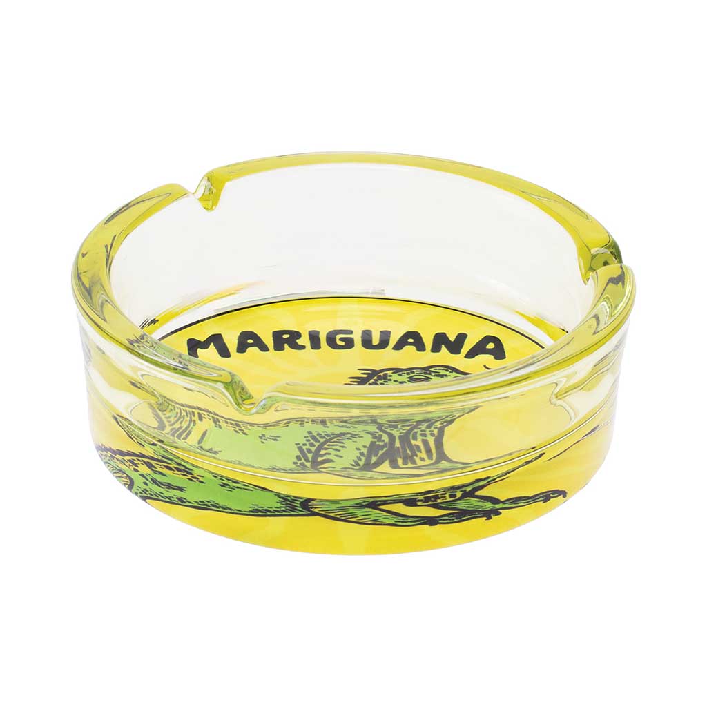  Yellow Mariguana Glass Ashtray side view, sturdy glass with iguana artwork, smoking accessory for sale at Honeybee Herb.