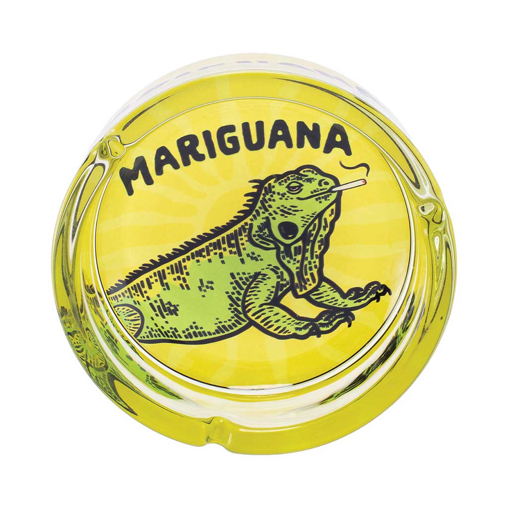 Yellow Mariguana Glass Ashtray top view, durable glass ashtray with iguana design, premium smoking accessory at Honeybee Herb. 