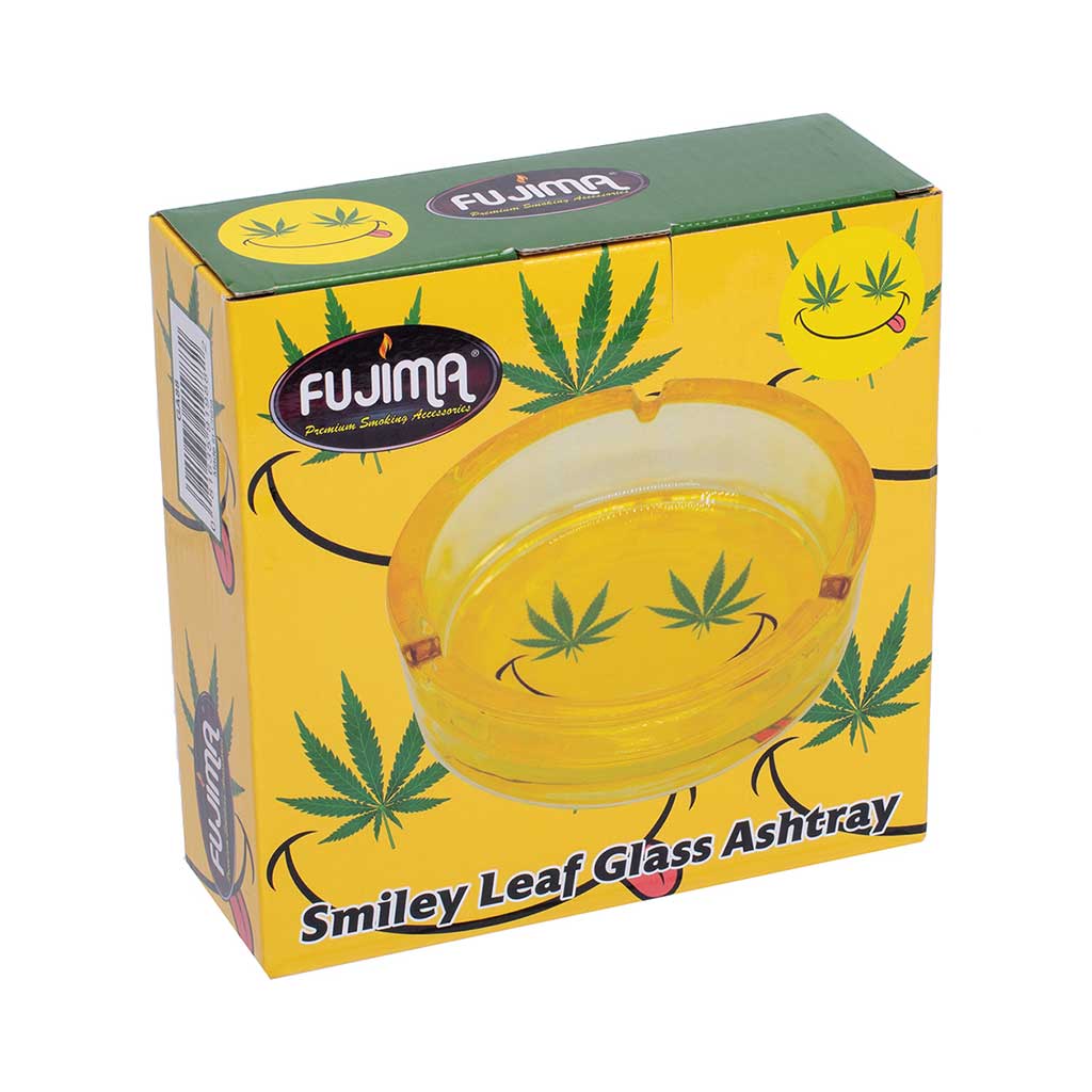 Yellow Smiley Leaf Glass Ashtray packaging, durable glass ashtray with fun smiley leaf design from Honeybee Herb