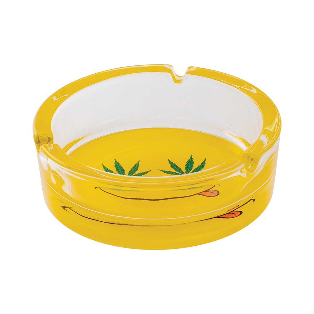 Yellow Smiley Leaf Glass Ashtray side view, premium glass ashtray with smiley leaf design, smoking accessory at Honeybee Herb