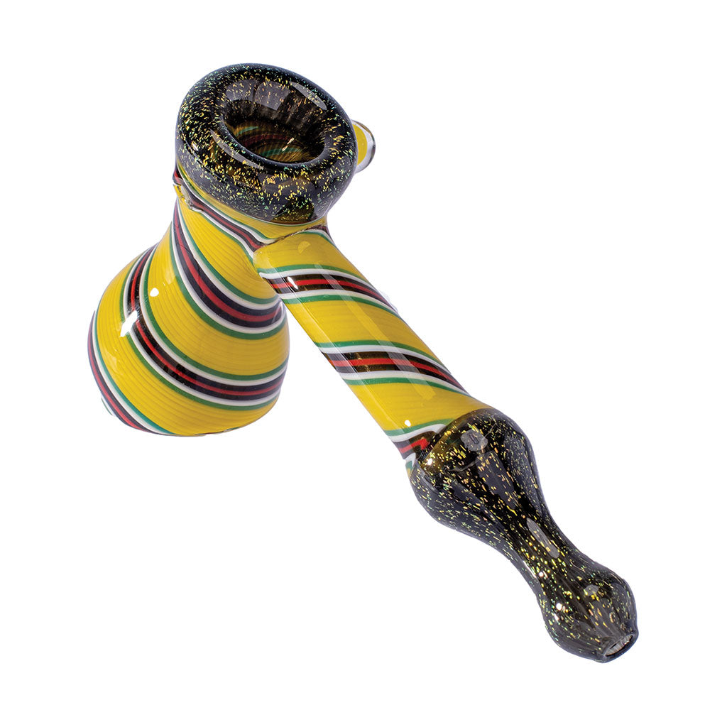 yellow stripe dicro hand bubbler pipe with green and red swirl, handcrafted borosilicate glass, premium pipe from honeybee herb
