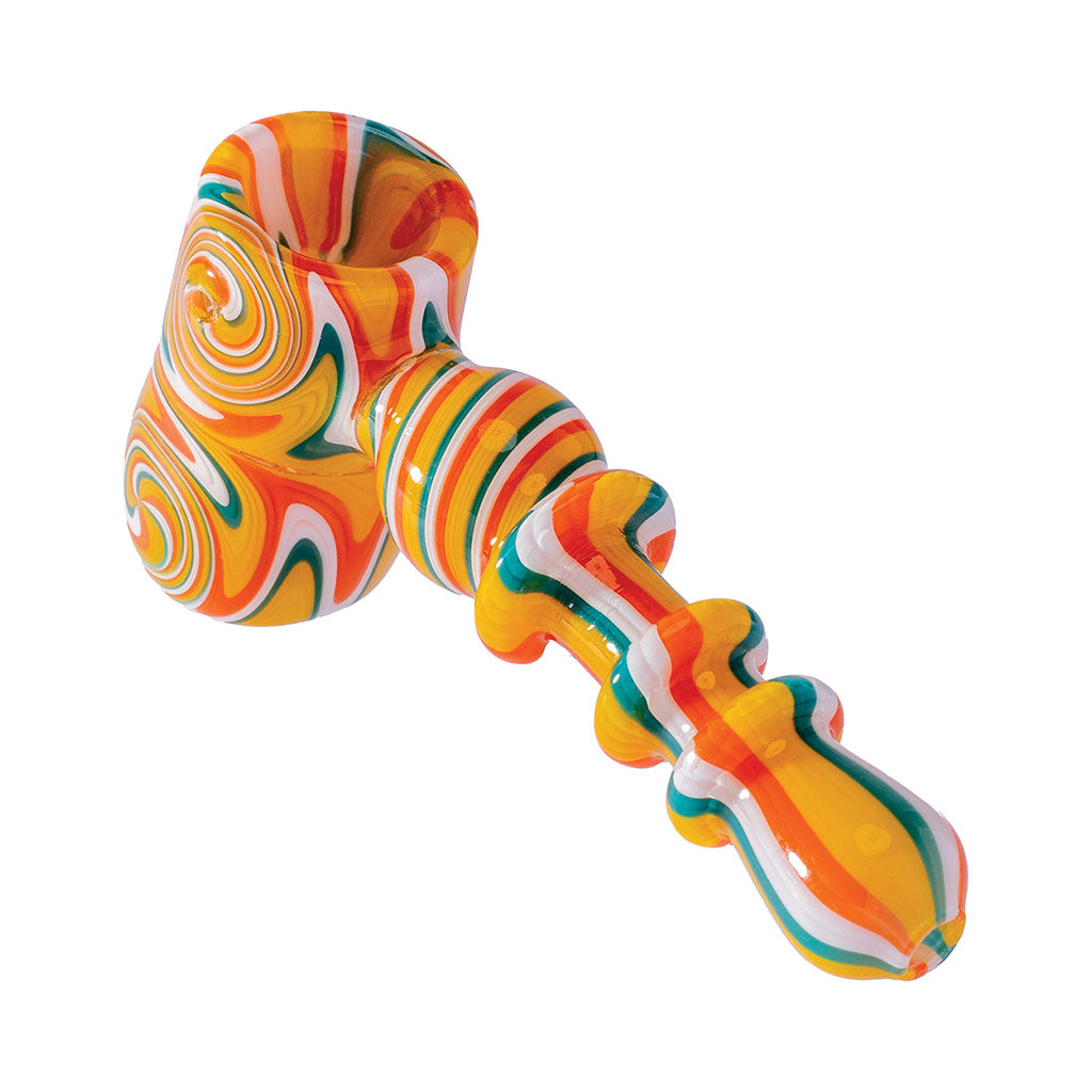 Buy Yellow Wig Wag glass hand pipe—colorful swirl design, durable glass, smooth draw. Fast shipping from Honeybee Herb. 