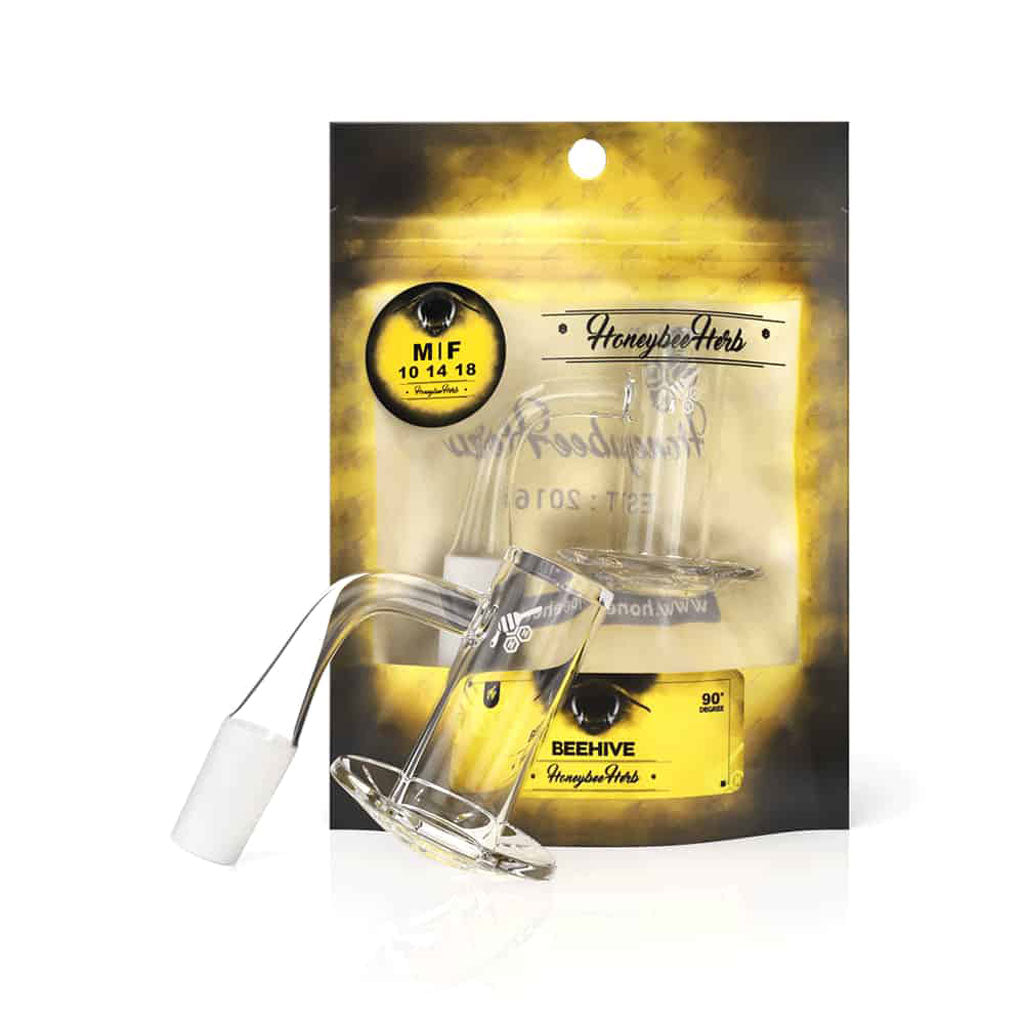 Beehive Quartz Banger 90 Degree Yellow Line with 10mm 14mm 18mm Male & Female Joints for Dab Rigs Bongs | Honeybee Herb