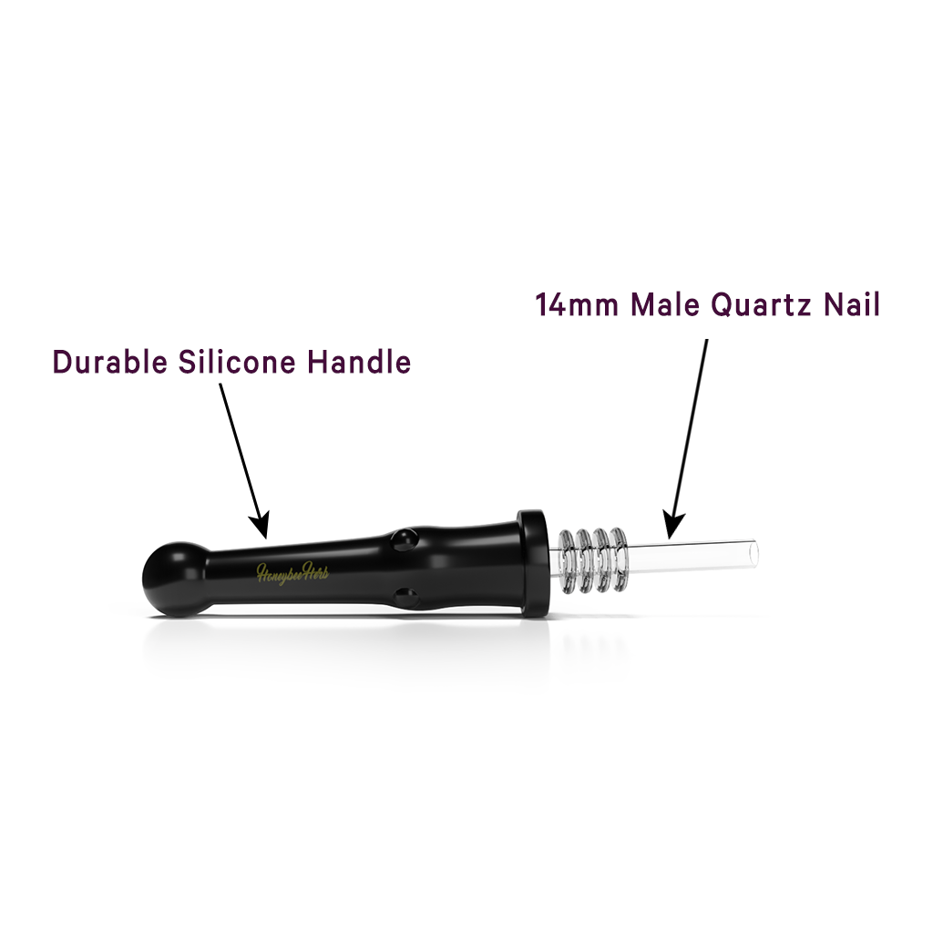 Dab Straw Infographic Indicates The Durable Silicone Handle & 14mm Male Quartz Nail