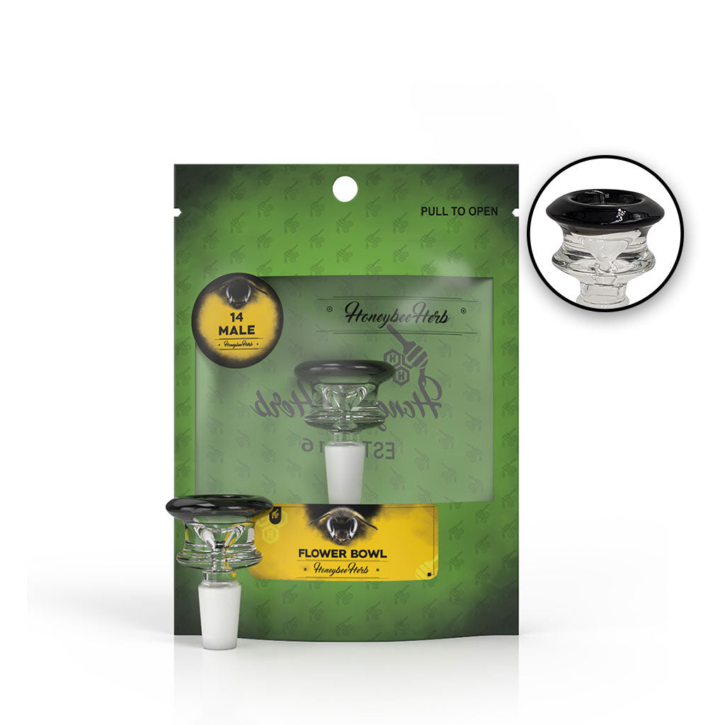 Glass Flower Bowl for bong with 14mm male joint | Black FB-3 Bong Slide - Honeybee Herb Infographic