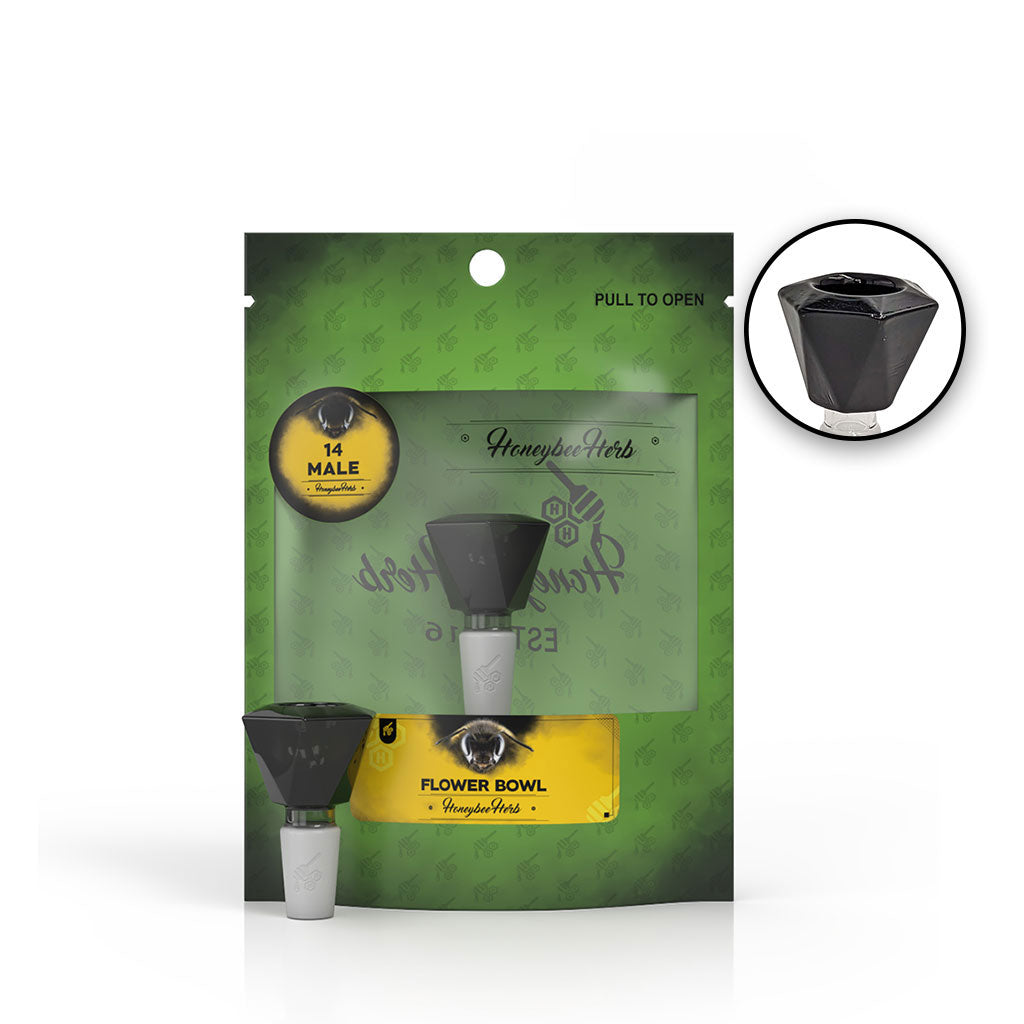 Hexagon Shaped 14mm Male Frosted Joint Black Glass Bong Flower Bowl Packaging And Zoom View