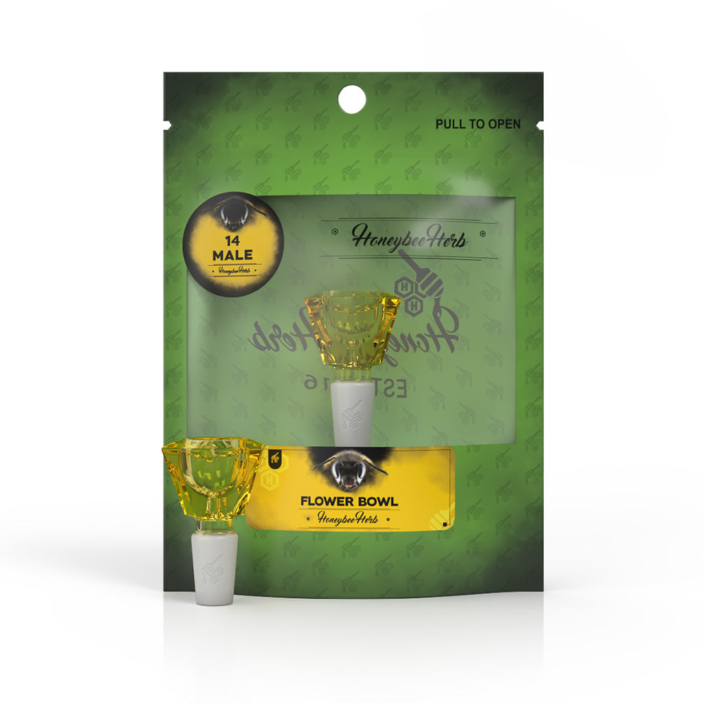 Hexagon Shaped 14mm Male Frosted Joint Yellow Glass Bong Flower Bowl Packaging View