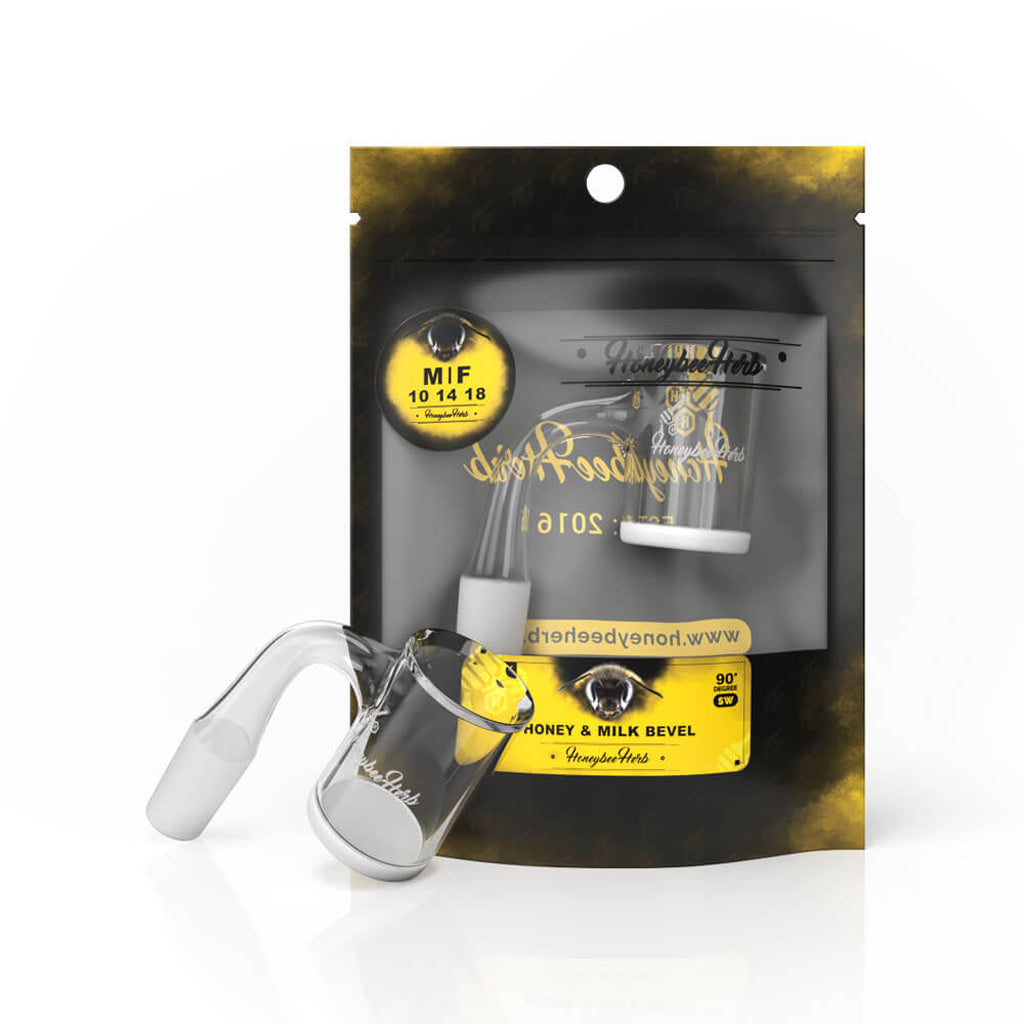Honey & Milk Bevel Quartz Banger 90 Degree Black Line with 10mm 14mm 18mm Male & Female Joints for Dab Rigs Bongs | Honeybee Herb