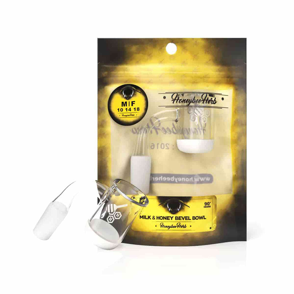 Honey & Milk Bevel Bowl Quartz Banger 90° Degree Yellow Line with 10mm 14mm 18mm Male & Female Joints for waterpipes | Honeybee Herb