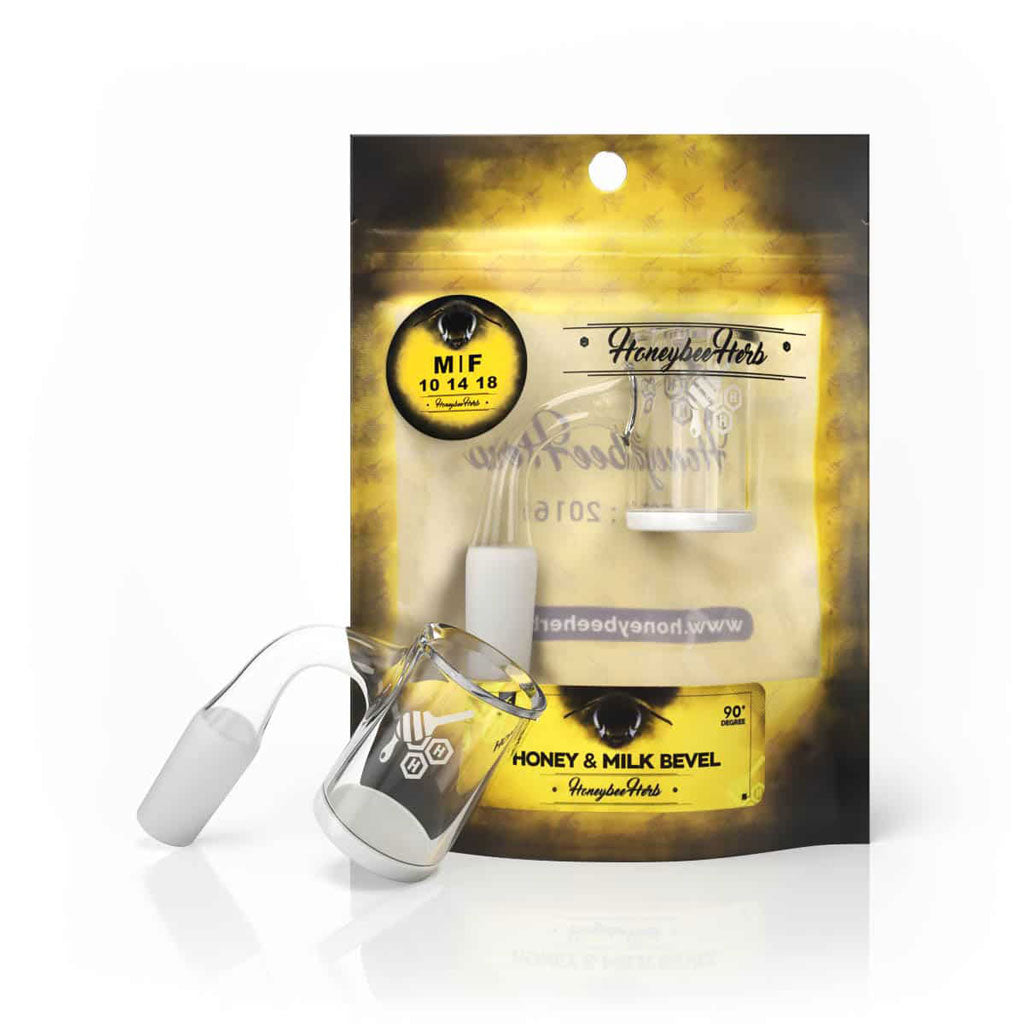 Honey & Milk Bevel Quartz Banger 90° Yellow Line with 10mm 14mm 18mm Male & Female Joints for Dab Rigs Bongs | Honeybee Herb