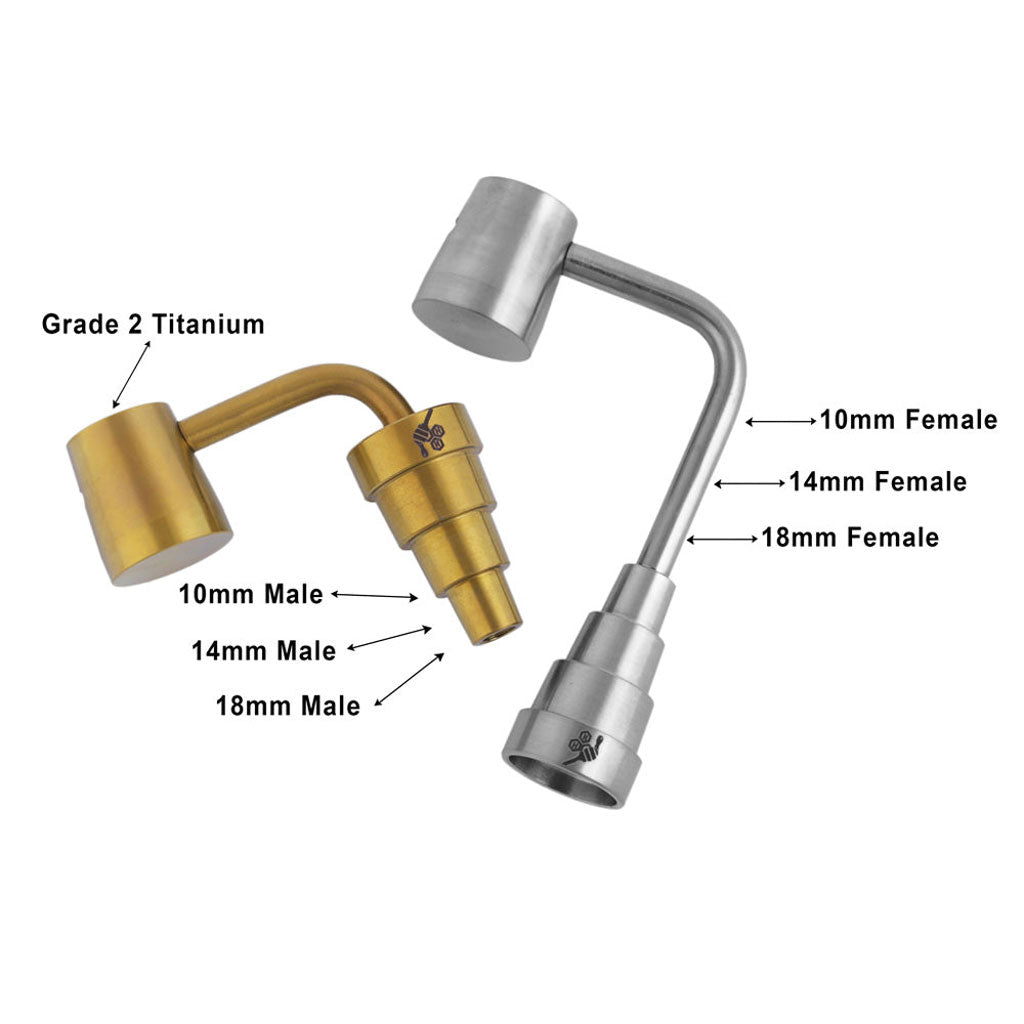 Titanium 6 in 1 Long Neck Banger Compatible With 10mm 14mm 18mm Male & Female Joints Infographic | Honeybee Herb